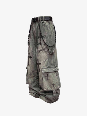 Washed Gothic Cargo Pants with Cross Print – Side flat | XoKool