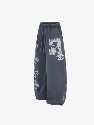 Washed Gothic Cross Print Wide Leg Sweatpants – Washed Navy, side flat | XoKool