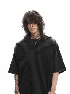 Washed Gothic Cross T-Shirt with Frayed Panels – Black, on model front | XoKool