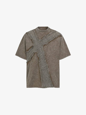 Washed Gothic Cross T-Shirt with Frayed Panels – Brown, front view | XoKool