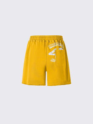 Washed Graphic Sweat Shorts with Raw Hem – Mustard Yellow, back flat | XoKool