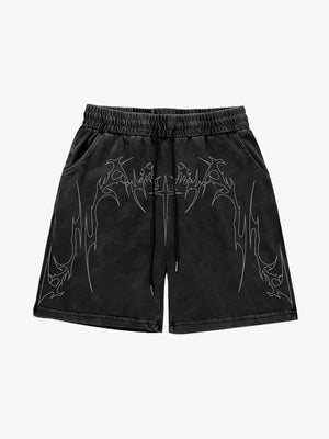 Washed Graphic Sweat Shorts with Thorn Cross Print – Washed Black, front flat | XoKool