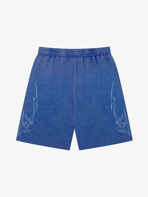 Washed Graphic Sweat Shorts with Thorn Cross Print – Washed Blue, back flat | XoKool