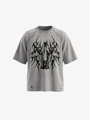 Washed Grey Angel Wings Raglan Tee – Grey, front view | XoKool