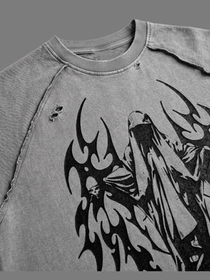 Washed Grey Angel Wings Raglan Tee – neck and print close-up | XoKool