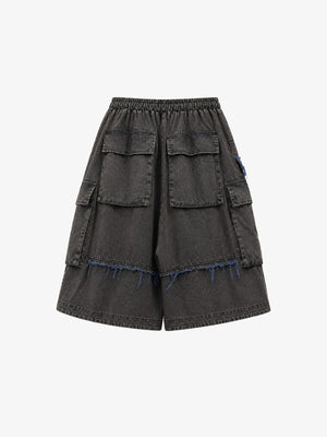 Washed graue Baggy Cargo Shorts mit ausgefransten Einsätzen – Grau/Blau, Rückseite flach | XoKool