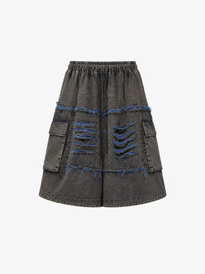 Washed graue Baggy Cargo Shorts mit ausgefransten Einsätzen – Grau/Blau, Vorderseite flach | XoKool