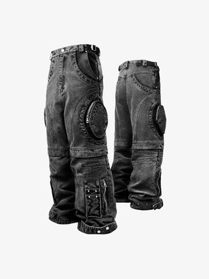 Jeans baggy grises con efecto lavado y bolsillos cargo con cierre – Frente y espalda en plano | XoKool