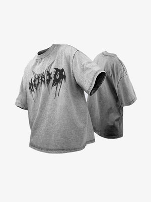 Washed Boxy T-Shirt in Grau mit Metall-Schriftzug – Grau, Vorder- und Rückseite flach | XoKool