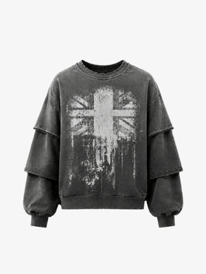 Washed Grey British Flag Layered Sleeve Sweatshirt – Grey, front view | XoKool