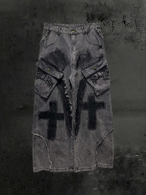 Washed Grey Cargo Jeans with Cross Print – front flat on dark background | XoKool