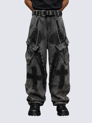 Washed Grey Cargo Jeans with Cross Print – on model front | XoKool