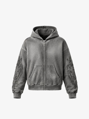 Hoodie con cierre y bordado gótico en gris lavado – gris lavado, vista frontal | XoKool
