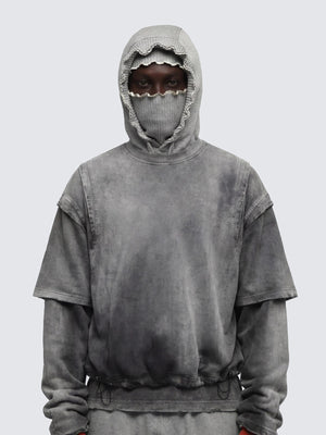 Washed Grey Layered Long Sleeve Shirt with Drawstring Hem – on model, front with balaclava hood | XoKool