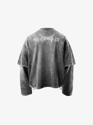 Washed Grey Layered Long Sleeve Shirt with Drawstring Hem – Washed Grey, back view | XoKool
