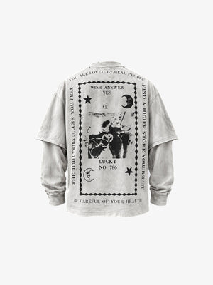 Washed Grey Layered Long Sleeve Tee with Tarot Print – back view | XoKool