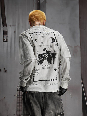 Washed Grey Layered Long Sleeve Tee with Tarot Print – on model, back | XoKool