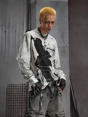 Washed Grey Layered Long Sleeve Tee with Tarot Print – on model, front | XoKool