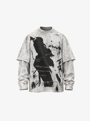 Washed Grey Layered Long Sleeve Tee with Tarot Print – Washed Grey, front view | XoKool