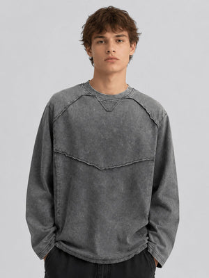 Washed Grey Long Sleeve Shirt with Exposed Seams – Grey, on model front | XoKool