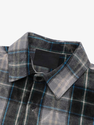Washed Grey Plaid Flannel Shirt with Red Lettering – Grey Plaid, inner collar close-up | XoKool