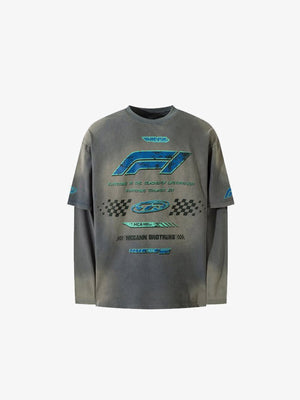 Washed Grey Racing Layered Long Sleeve Tee – Grey, front view | XoKool
