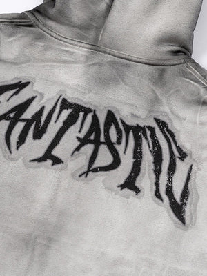 Washed Grey Zip Up Hoodie with Gothic Lettering – back print close-up | XoKool