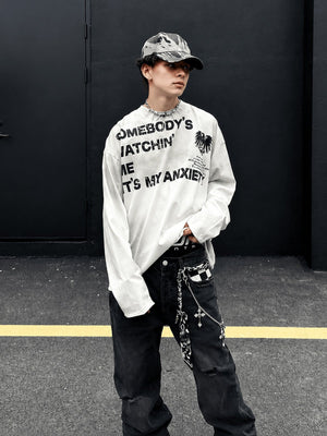 Washed Grunge Long Sleeve Shirt with Slogan Print – White, street on model front | XoKool