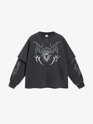 Washed Layered Long Sleeve Tee with Gothic Tribal Print – front | XoKool