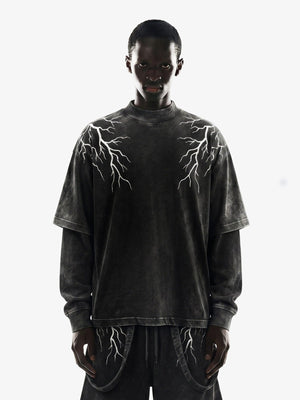 Washed Layered Long Sleeve Tee with Lightning Bolts – on model, front | XoKool