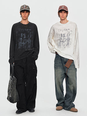 Washed long sleeve tee – Black and Washed Cream on two models | XoKool