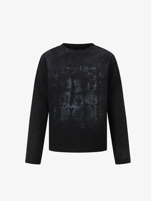 Washed Long Sleeve Tee with Faded Portrait Grid Print – Black, front | XoKool