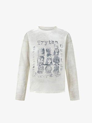 Washed Long Sleeve Tee with Faded Portrait Grid Print – Washed Cream, front | XoKool