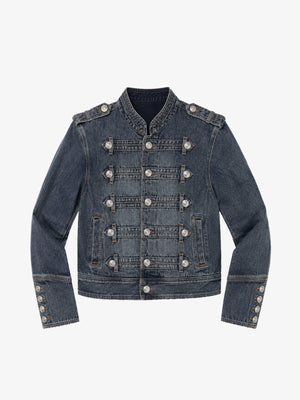 Washed Military Denim Jacket with Button Straps – Blue, front view | XoKool