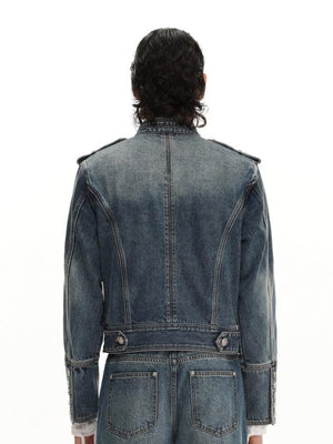 Washed Military Denim Jacket with Button Straps – on model, back | XoKool