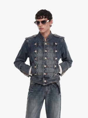 Washed Military Denim Jacket with Button Straps – on model, front | XoKool