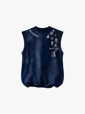 Washed Muscle Tee with Script Print – Navy, front view | XoKool