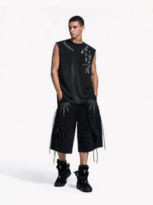 Washed Muscle Tee with Script Print – on model, Washed Black, full body | XoKool