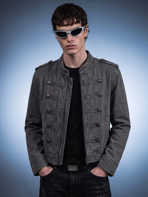 Washed Napoleon Jacket with Button Straps – Grey, on model | XoKool