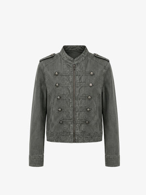Washed Napoleon Jacket with Button Straps – Olive, front view | XoKool