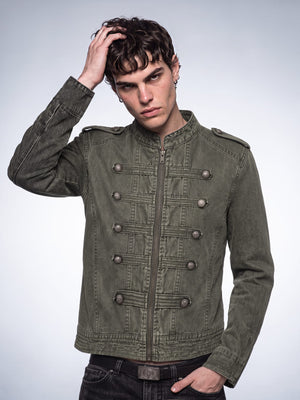 Washed Napoleon Jacket with Button Straps – Olive, on model | XoKool