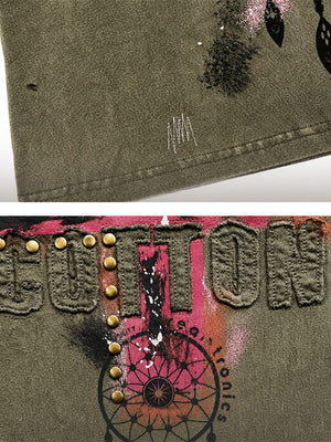 Graphic tank top – hem distressing and appliqué close-up | XoKool