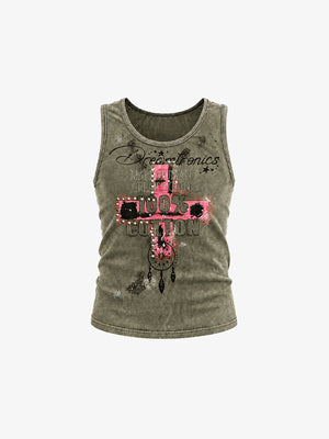 Washed Olive Graphic Tanktop mit Kreuz-Applikation – Olive, Vorderseite flach | XoKool