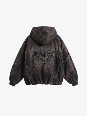 Washed Padded Hooded Patchwork Jacket – Brown, back flat lay | XoKool