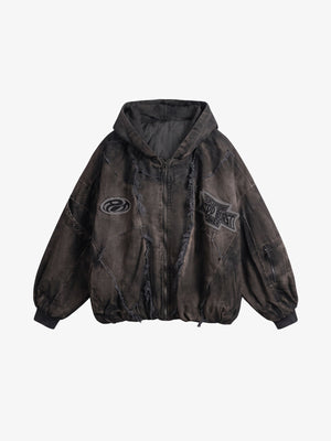 Washed Padded Hooded Patchwork Jacket – Brown, front flat lay | XoKool