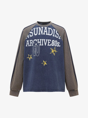 Washed Raglan Long Sleeve Shirt with Varsity Print – Navy/Brown, front view | XoKool