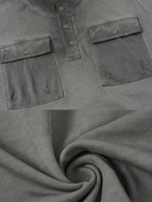 Camiseta henley con efecto lavado – gris, detalle de los bolsillos y la tela | XoKool