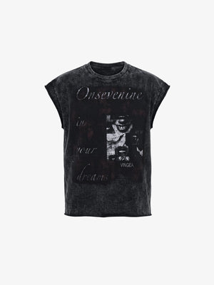 Washed ärmelloses Graphic T-Shirt mit Portrait-Print – Schwarz, Vorderseite flach | XoKool