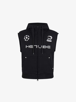 Washed Sleeveless Zip Up Hoodie with Embroidery – Black, front view | XoKool