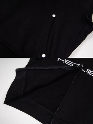 Sleeveless hoodie – Black, snap and pocket close-up | XoKool